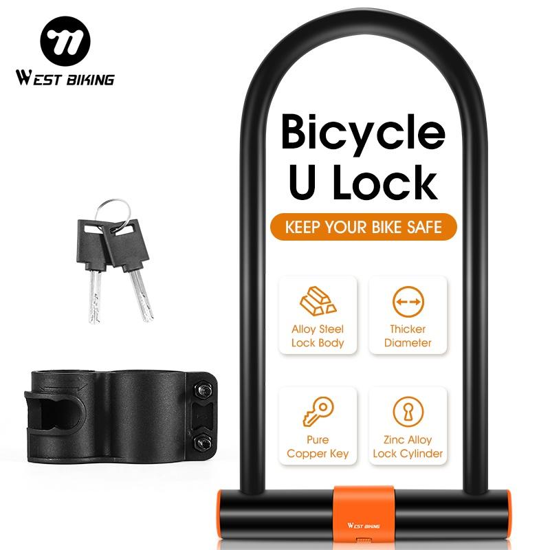WEST BIKING Double Opening U Bicycle Lock Zinc Alloy Anti-Theft Lock Cylinder Copper Key Bike Motorcycle E-Bike Security Padlock 4