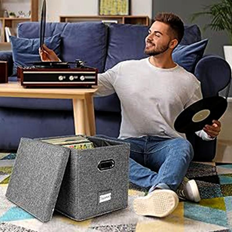 Record Storage Box 12.99Inch Holder with Lid and Handles Large Capacity Organizers for Albums Magazines and Files