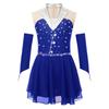 Girls Sparkling Skating Dress Sleeveless Patchwork One Piece with Fingerless Gloves Built In Briefs Performance Costume