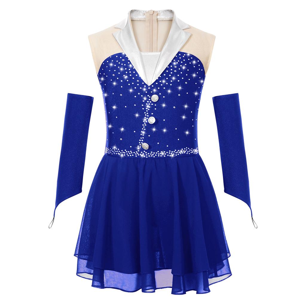 Girls Sparkling Skating Dress Sleeveless Patchwork One Piece with Fingerless Gloves Built In Briefs Performance Costume