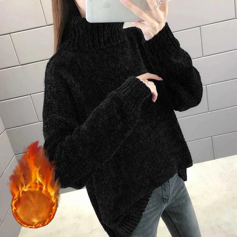 Женский свитер Зимний Утепленный Пуловер Теплый Вязаный Эластичный С Длинным Рукавом Оверсайз Джемпер Свитер Топы