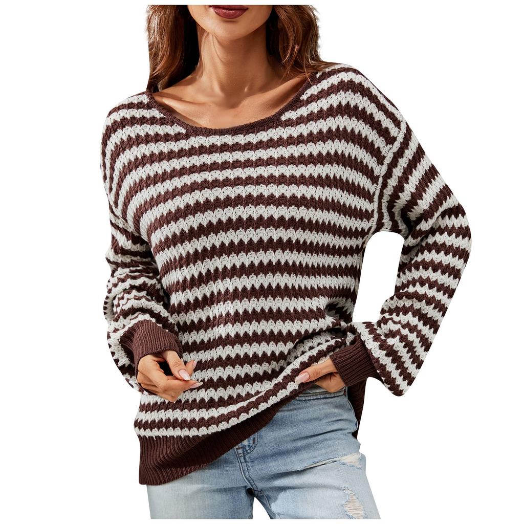 Winter Women's Oversized Long Sleeve Striped Sweater Casual Crewneck Side Split Tunic Pullover Jumper Knit Tops