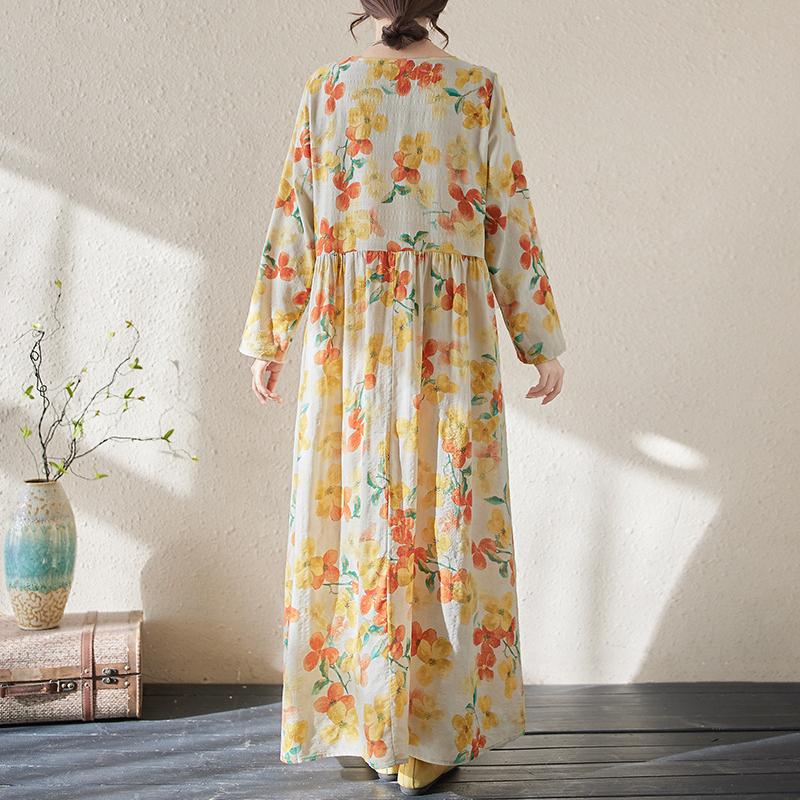 Хлопково-льняное свободное длинное платье, женское новое свободное тонкое льняное платье с длинными рукавами с литературным принтом в стиле ретро