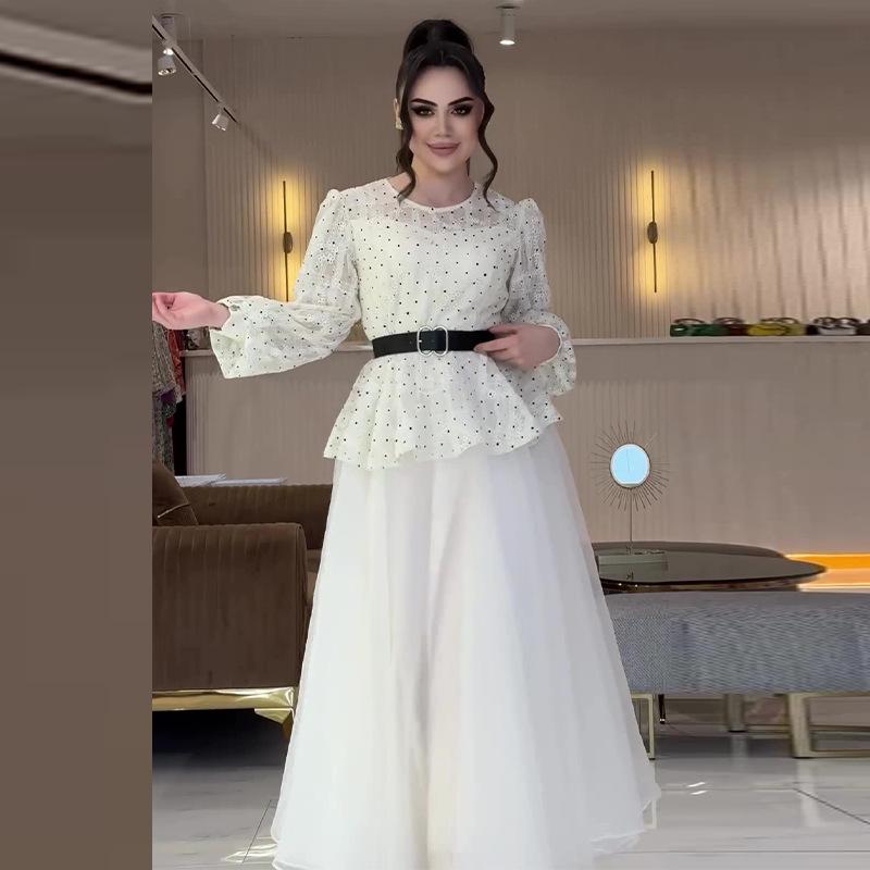 2024 Summer Polka Dot Print Top & Solid Mesh Midi Skirt Set
