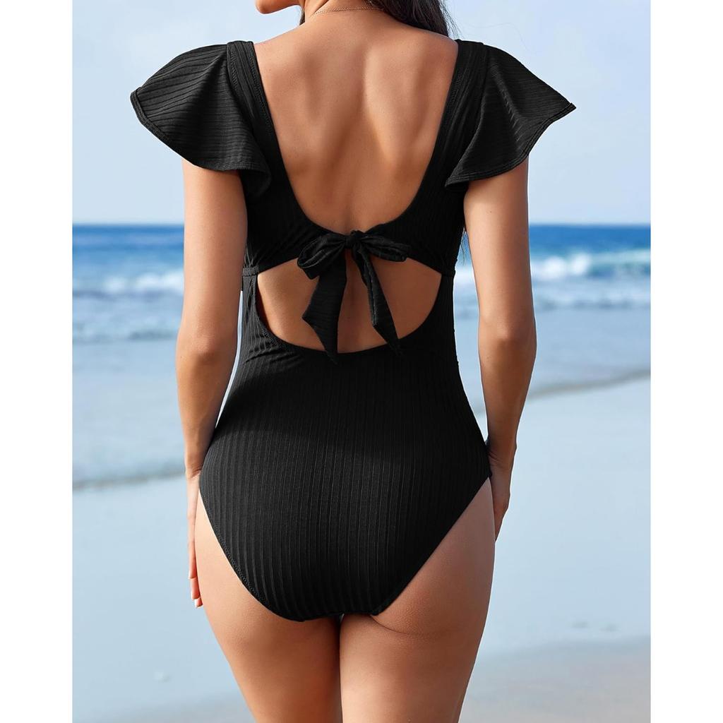 CHARMLEAKS Купальник для беременных в рубчик, цельный купальный костюм с рюшами и рукавами, рюшами и вырезами, завязывающийся узел, купальник для беременных