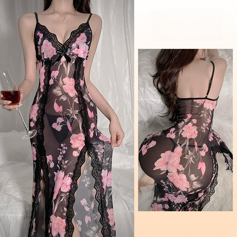 Сетчатая ночная рубашка с цветочным принтом и кружевом, прозрачная, длинная, с высоким разрезом, женская одежда для дома 769, романтичная, женственная, одежда для сна с красивыми цветочными узорами