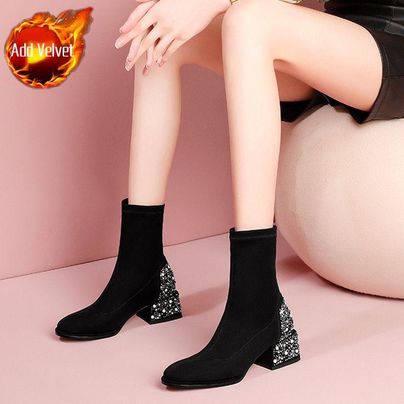 Модные женские ботильоны из замши, черные, женские, короткие, со стразами, элегантные, на среднем каблуке, распродажа, готические, удобные, Y2k Boot