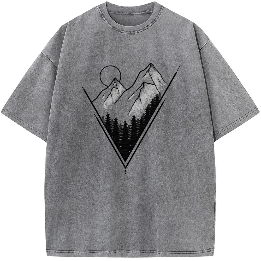 Геометрический горный закат Принт Футболка с коротким рукавом Мужская и женская Повседневная футболка Выстиранная состаренная футболка в старом стиле