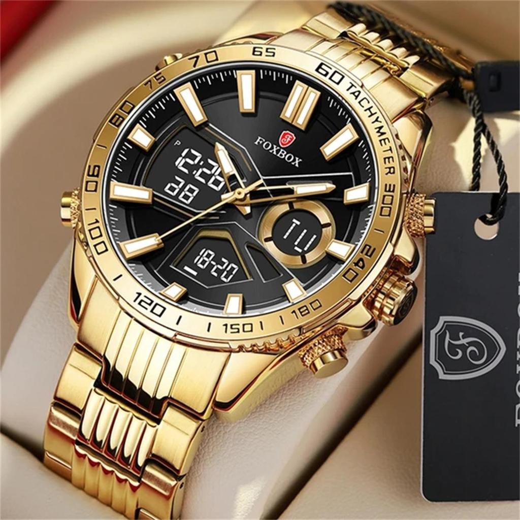 FOXBOX Sport Watches for Men Top Brand Luxury Dual Display Stainless Steel Band Waterproof Luminous Quartz Wristwatch+Box