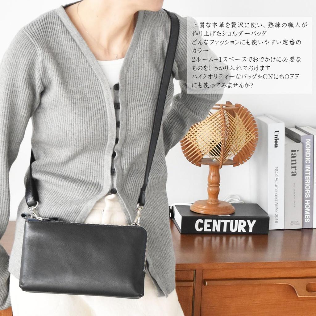 7645-OK Made in Japan Genuine Leather Shoulder Bag for Women, Cowhide Leather Wallet with Double Zipper, Convenient Storage, Popular, Easy to Use,