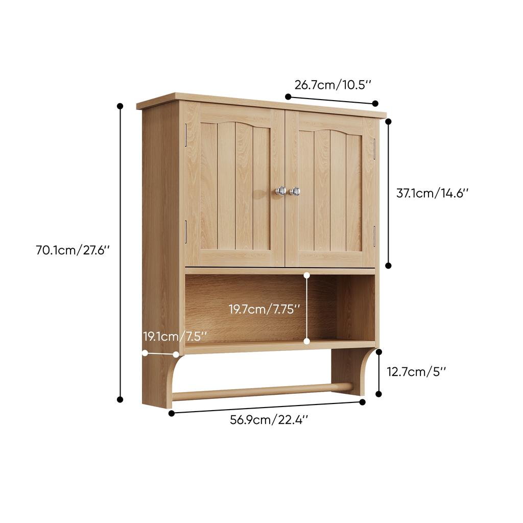 Bathroom Oak Look, Wall Cabinet with Double Door, Open Shelf & Towel Rail, Multifunctional Wall Cabinet for Bathroom, Laundry Room, Living Room