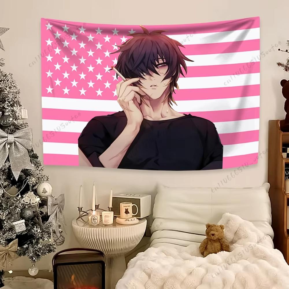 American Flag Anime Boy Wall Tapestry Bold Patriotic Design Aesthetic Trendy Room Decor for Otaku Internet Culture Fans