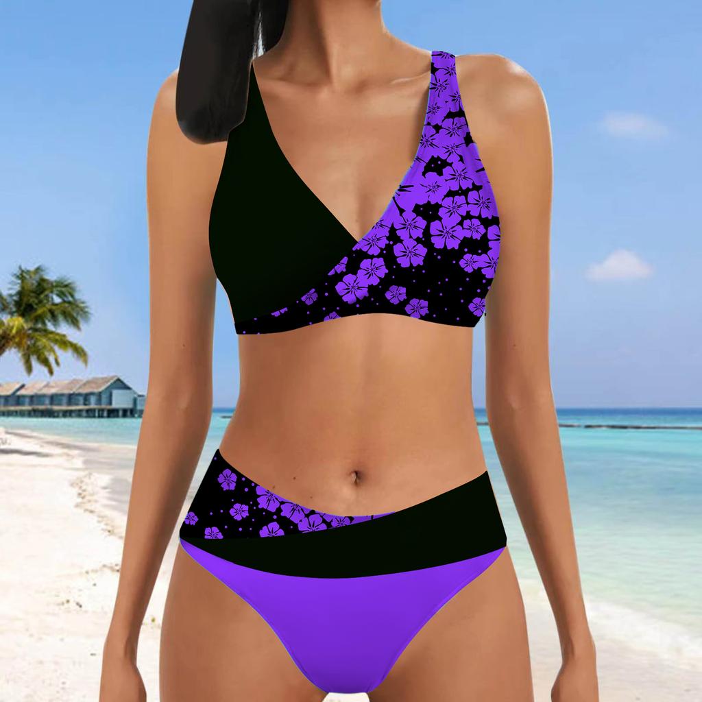 Women's Shoulder Strap Swimsuit Half Sided Black and White Cherry Blossoms Print Bikini Tankini Swimsuit