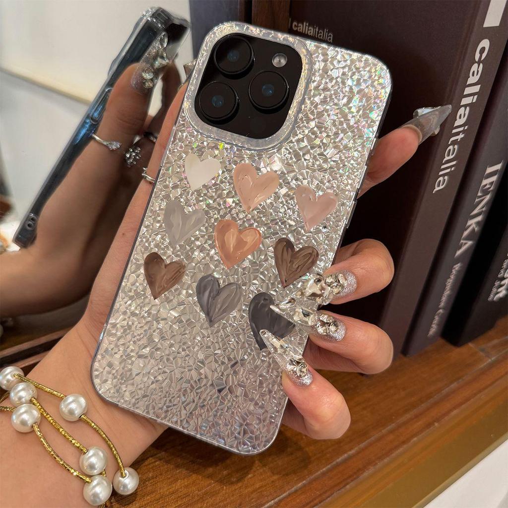 Colorful Heart Combo Case for iphone 17 Pro 16 Plus XS Max 13 14 11 Air 15 12 18 Pro Max XR Silver Crushed Foil Cover