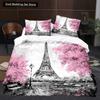 Пододеяльник с изображением цветов Эйфелевой башни King Queen Знаменитая архитектура Парижа Комплект постельного белья для женщин Романтический полиэстеровый пододеяльник