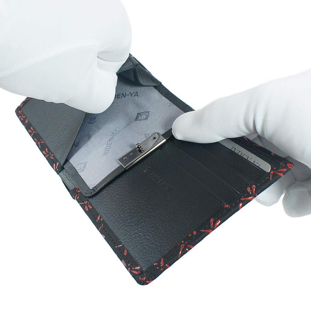 Inden Bifold Wallet Bill C Тонкий Deerskin Черный x Красный Лак Узор Стрекоза [Indenya] 2003-21-008