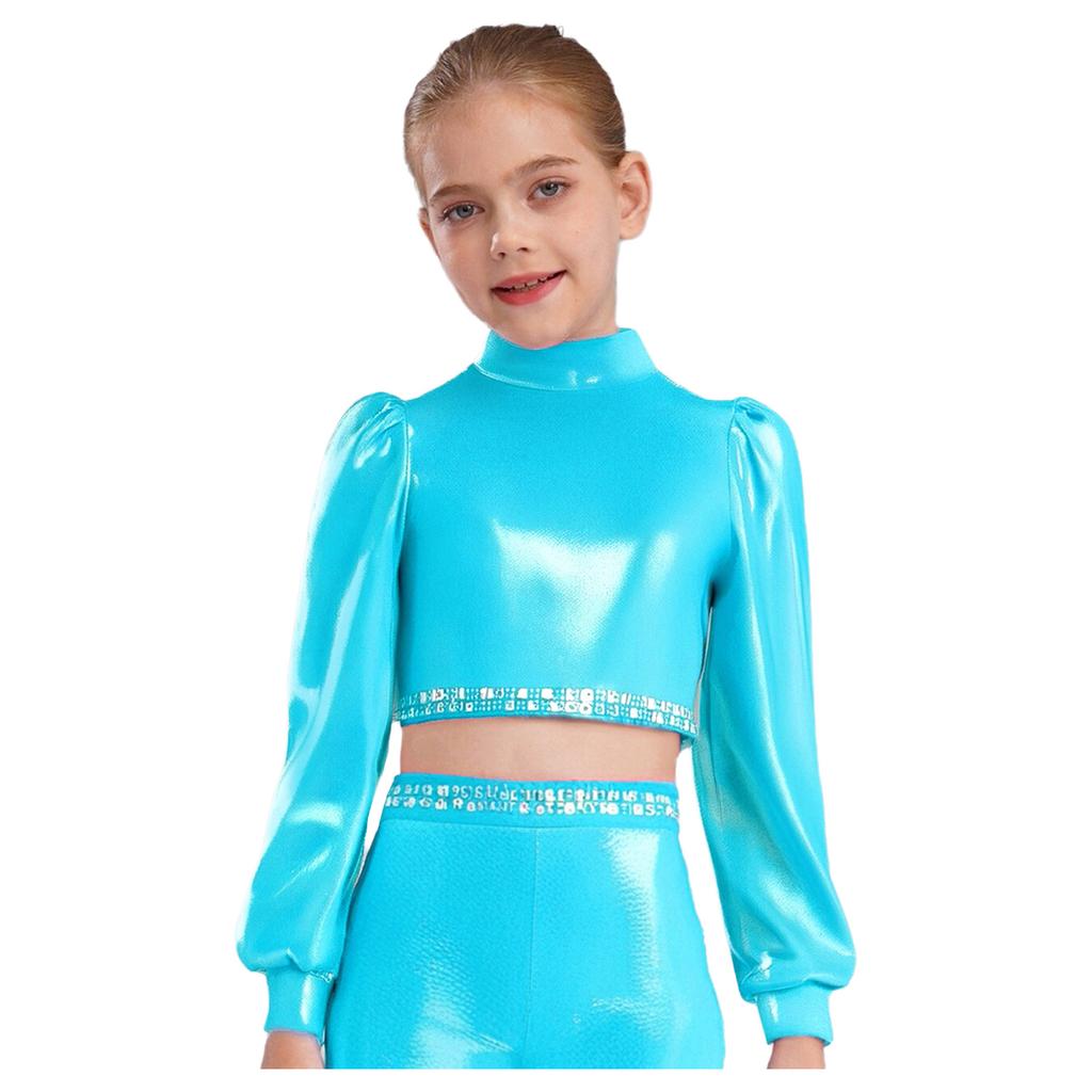 Girls Jazz Dance Top Mock Neck Long Sleeves with Invisible Zipper Back Shiny Rhinestones Metallic Dancewear