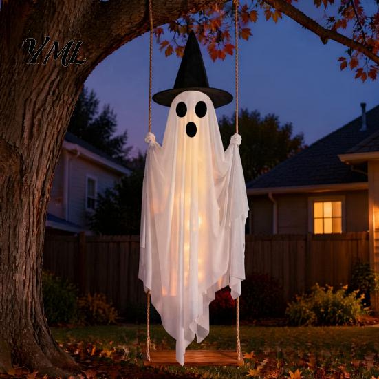 Decorative Ghost for Front Porch Luminous Halloween Hanging Swing with Witch Hat, Remote-controlled Adjustable Creepy Ornaments Brightness,