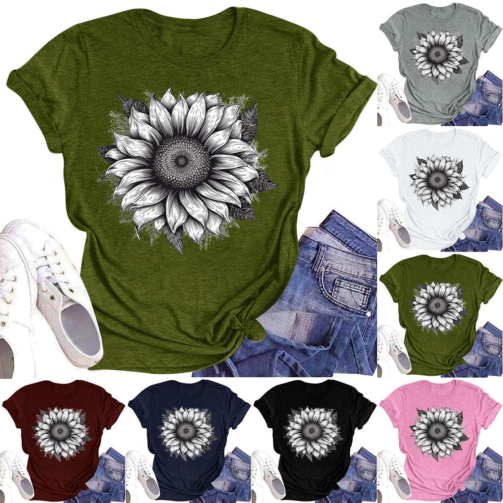 Женская повседневная футболка с круглым вырезом и цветочным принтом, короткий рукав