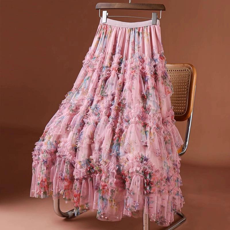 DIMANAF 2025 Летние женские новые юбки из шифона с эластичной талией, плиссированные сетчатые элегантные юбки