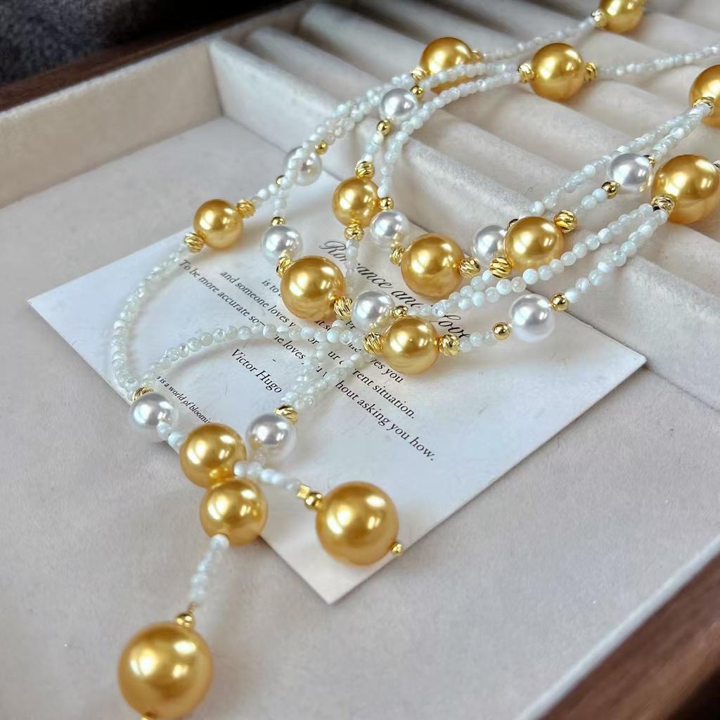 Vintage High Quality Artificial Crystal Pearl Natural Shell Gradual Change Mixed Color Sweater Chain Necklace Collarbone Chain