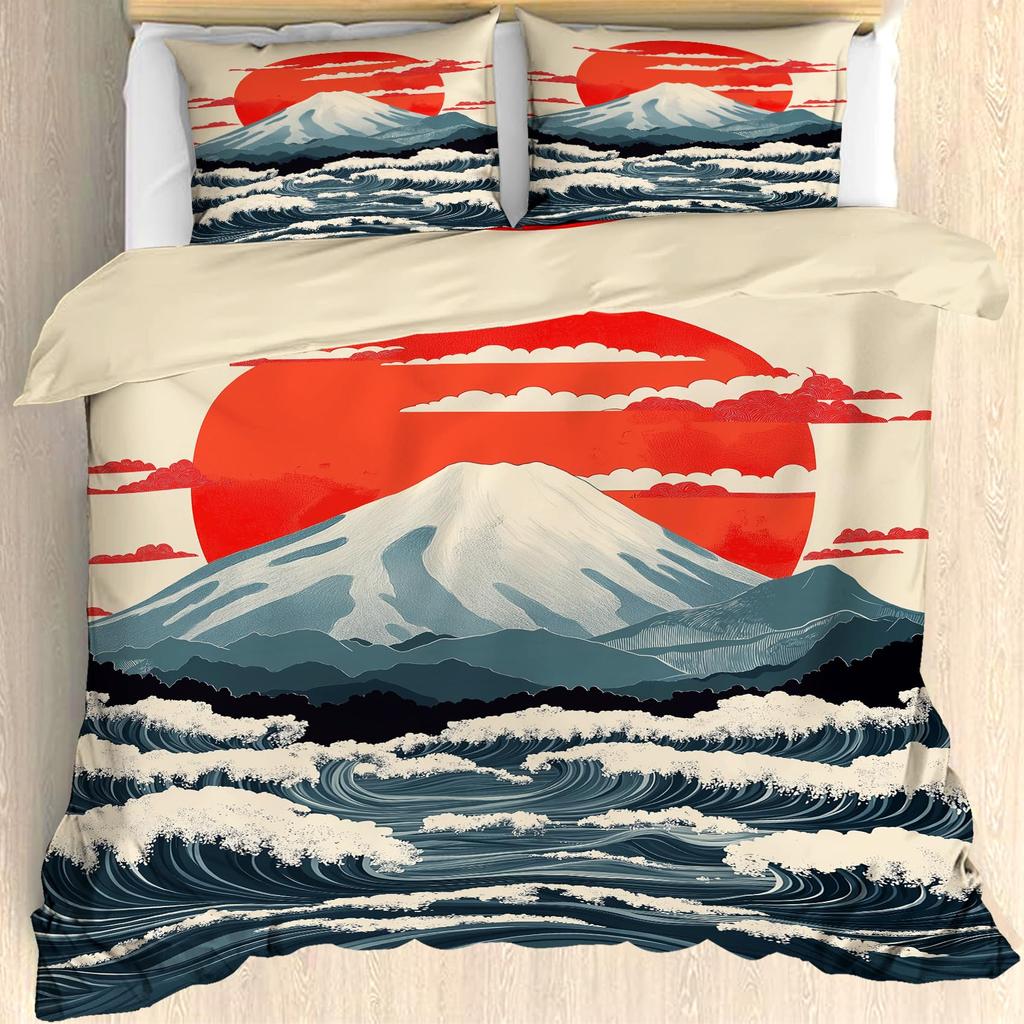 Mount Fuji Duvet Cover Twin Size Kids Cherry Blossoms Comforter Cover Set For Boys Girls Teens Natural Scenery Art Bedding Set