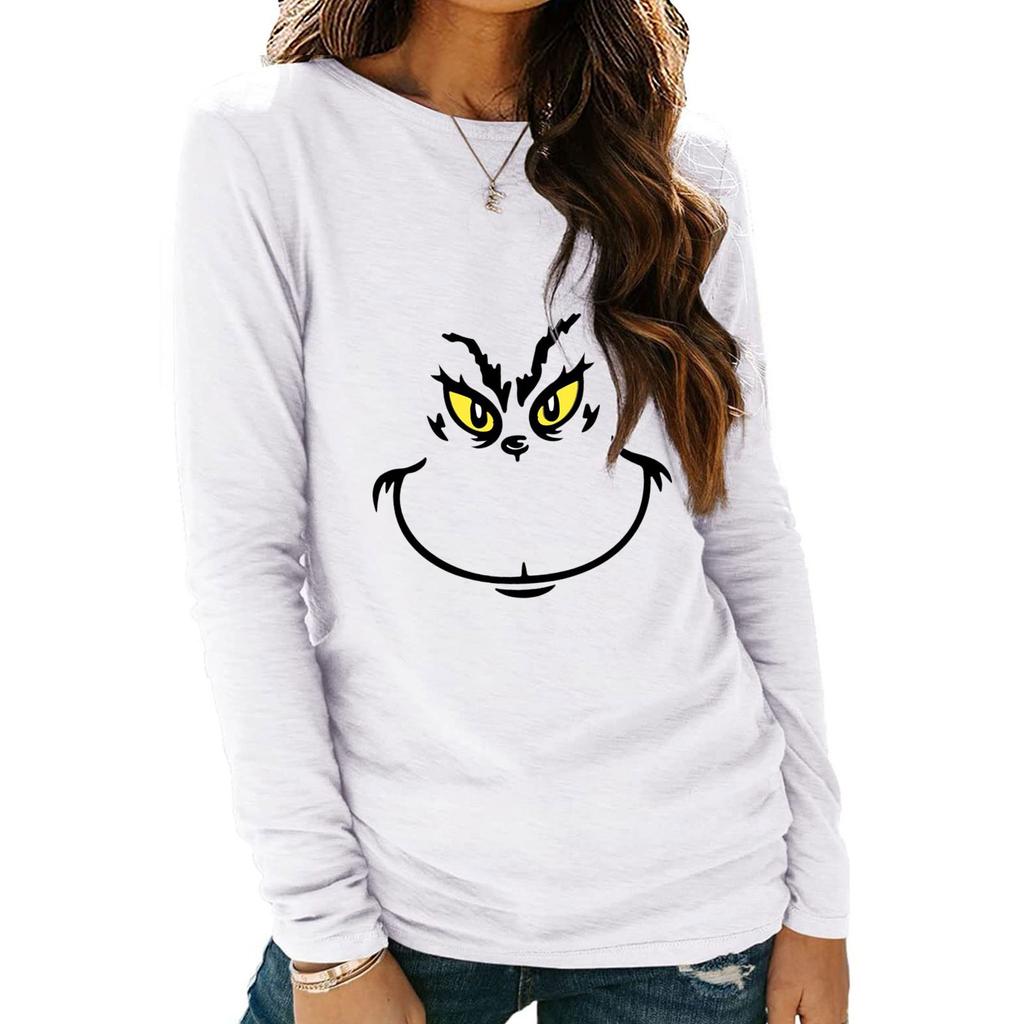 Women's Shirts Christmas Print Long Sleeve Round Neck Basic Loose Pullover Tee Top