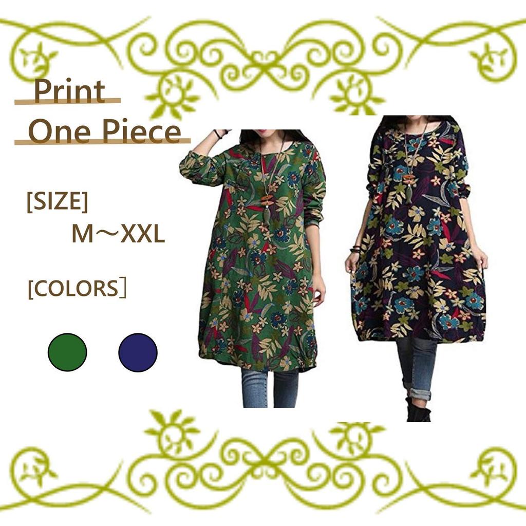 Tunic Floral [1/2style] Dress, Long, Print, Cute, Retro, Women's (JP, Alphabet, L, Green)