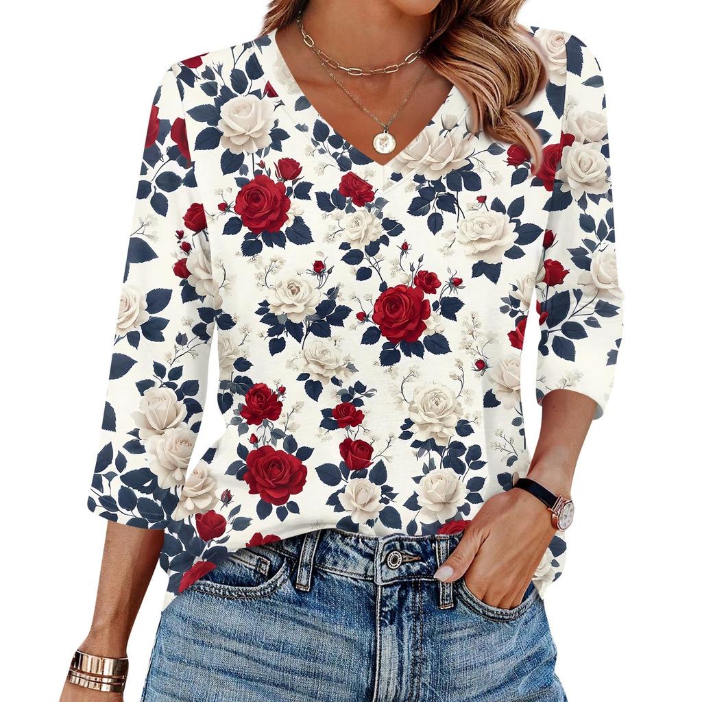 Женская футболка с принтом, рукав 3/4, повседневная мода на выходные, базовый топ с V-образным вырезом