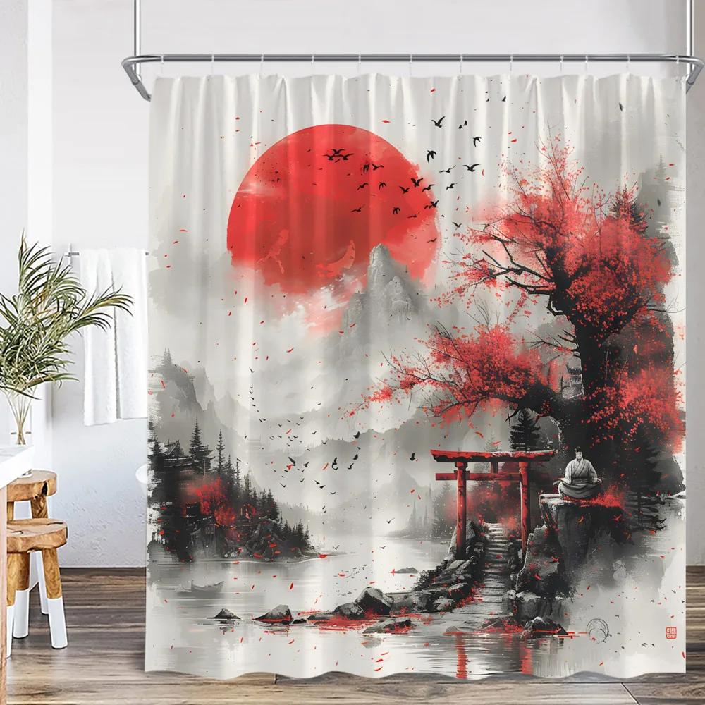 Samurai Geisha Japanese Style Ink Painting Shower Curtain Japan Shrine Red Sun Mountain River Pink Cherry Blossom Bath Curtain