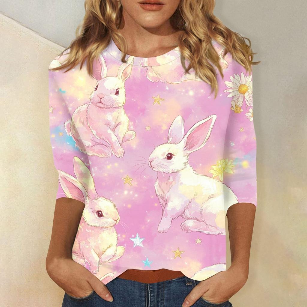 3/4 Sleeve Top Women's T-shirt Casual Easter Print Top T-shirt Crew-neck Jumper