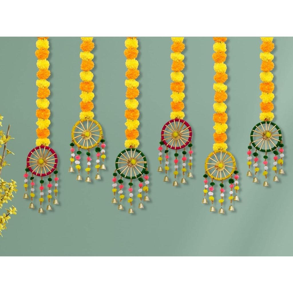 Handmade Marigold Fluffy Flowers with Ring Bell Hanging Latkan Toran For Home, Festival, Wedding, Temple Pooja Room Decoration (Pack of 6)