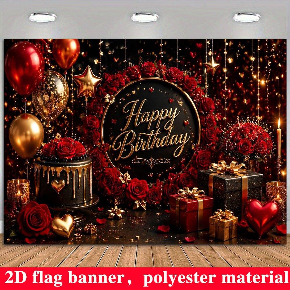 2D Flat Banner, Red Black Golden Birthday Backdrop, Red Roses, Hearts, Gift Boxes, Polyester