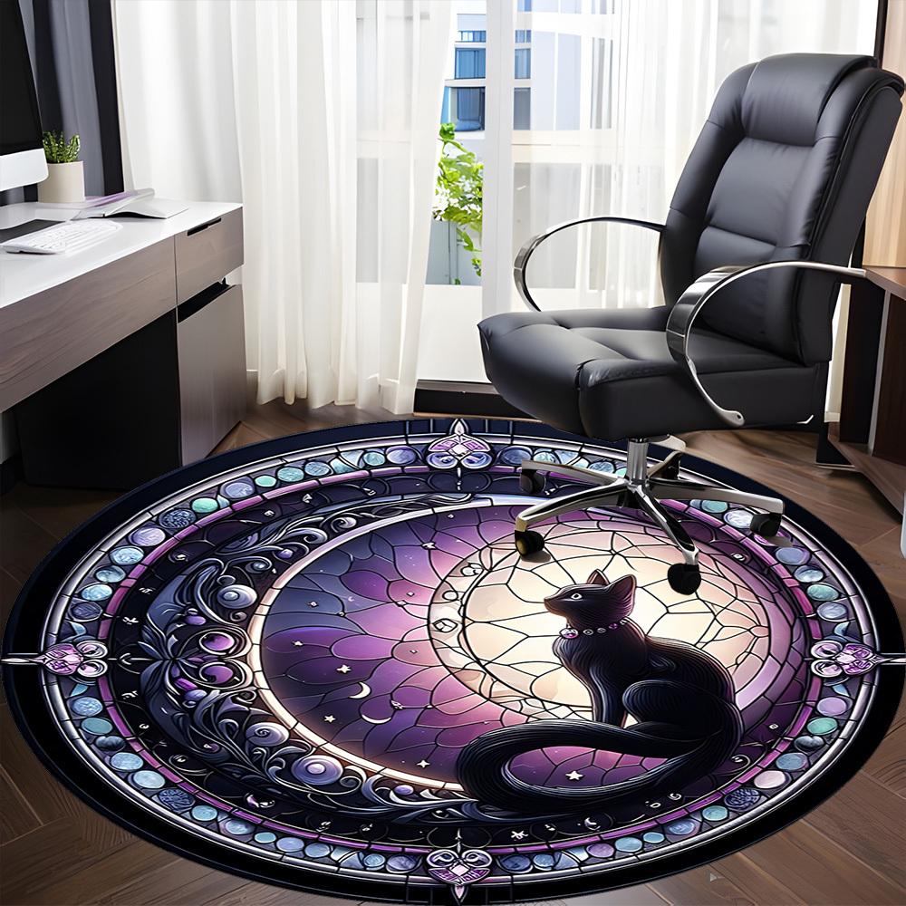 1pc Stained Glass Cat Office Round Area Rug, Indoor Mat Suitable ForOffice, Under Office Chairs Bedroom Living Room Home Decor, Room Deco, T142
