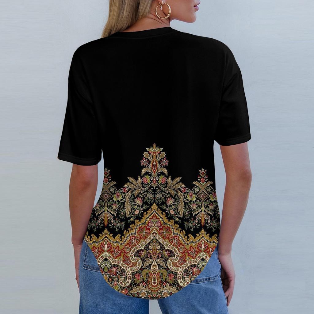 Short Sleeve Womens Tops Summer T-Shirts Floral Print V Neck Casual Basic Tee Button Shirts Tunic Tops