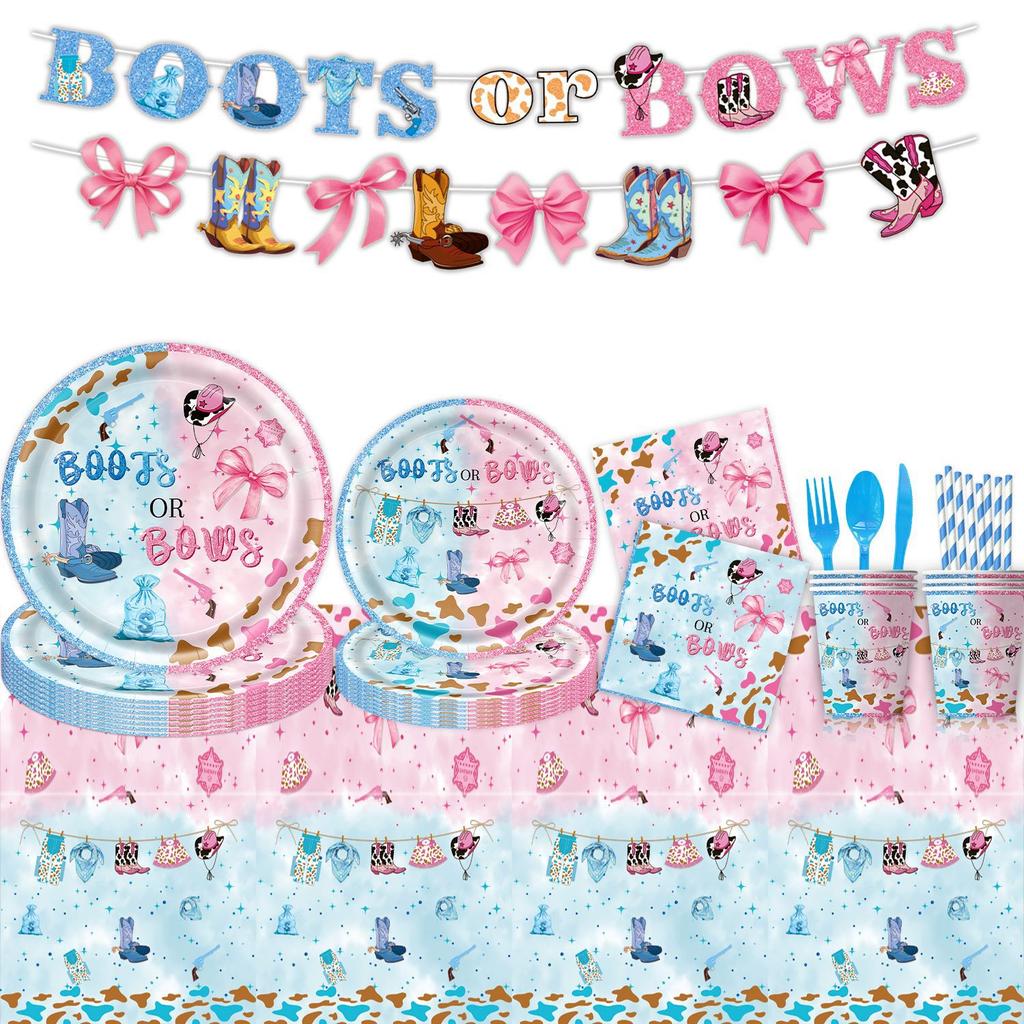 Popular Gender Reveal Theme Party Supplies Denim Style Gender Decoration Arrangement Props Tableware Banner