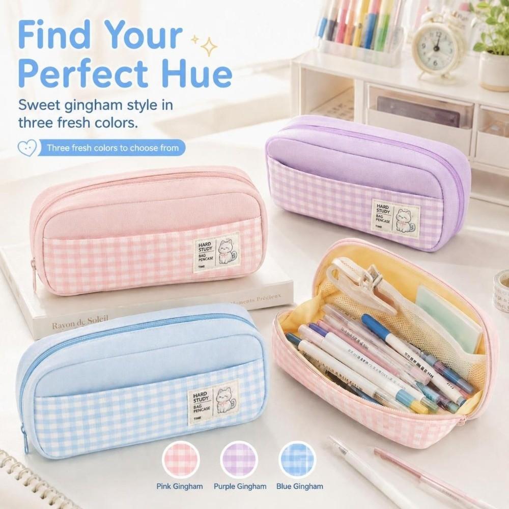 Gingham Check Pencil Case Pastel Color Pencil Pouch Portable Stationery Storage Bag Back To School