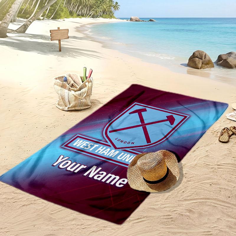 Пляжное полотенце West Ham United FC с персонализированной печатью, логотип клуба, поддерживающий текст с именем, впитывающее полотенце для спорта, путешествий, особый подарок