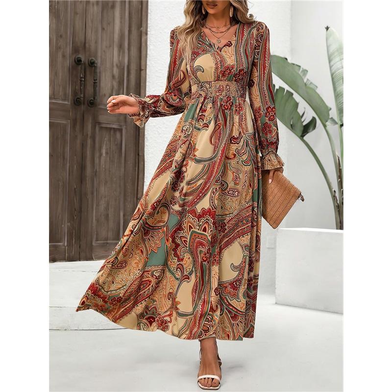 European And American Women's Summer Printed Long Skirt, V-neck, Long-sleeved, Big Swing Dress, Loose Temperament, Elegant Long Skirt