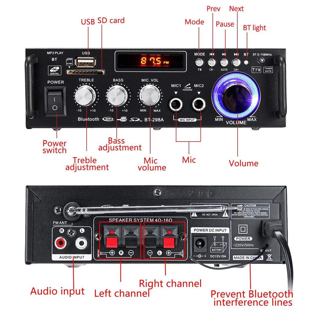 2ch High Output Audio Compact Effective Maximum Output 300W Bluetooth Connection Card Playback Stereo Power Microphone Input 12V 5A Adapter Included