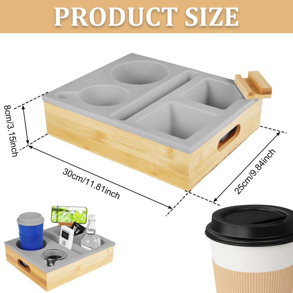 Couch Cup Holder Couch Caddy with Rotatable Phone Holder Wooden Sofa Cup Holder with Carrying Handle for Bed Car Beach Organizer