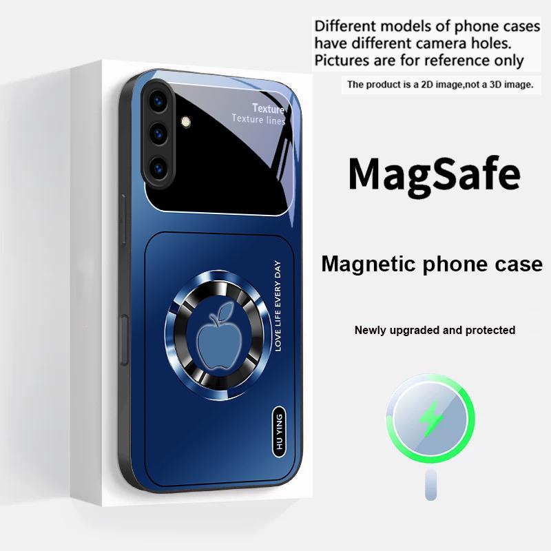 Серебряный круглый значок яблока Для Samsung S25 S25 Edge S25Ultra S8 9 10 20 S21 Pro 22 Plus S23 FE S24 Ultra Magsafe Стеклянный чехол для телефона