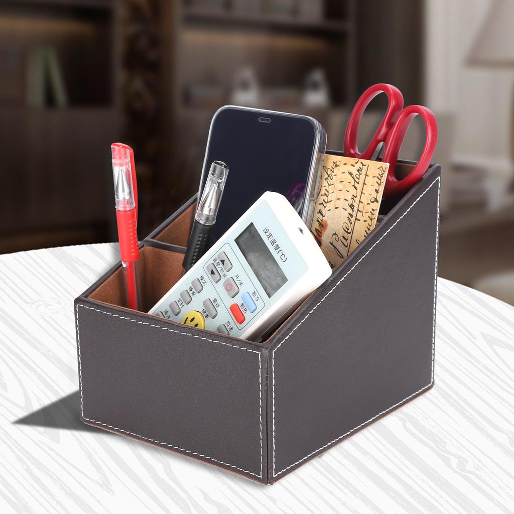 Desk Faux Leather Storage Box Stationery Organizer MultiFunction Supplies Coffee Color 3 Grid