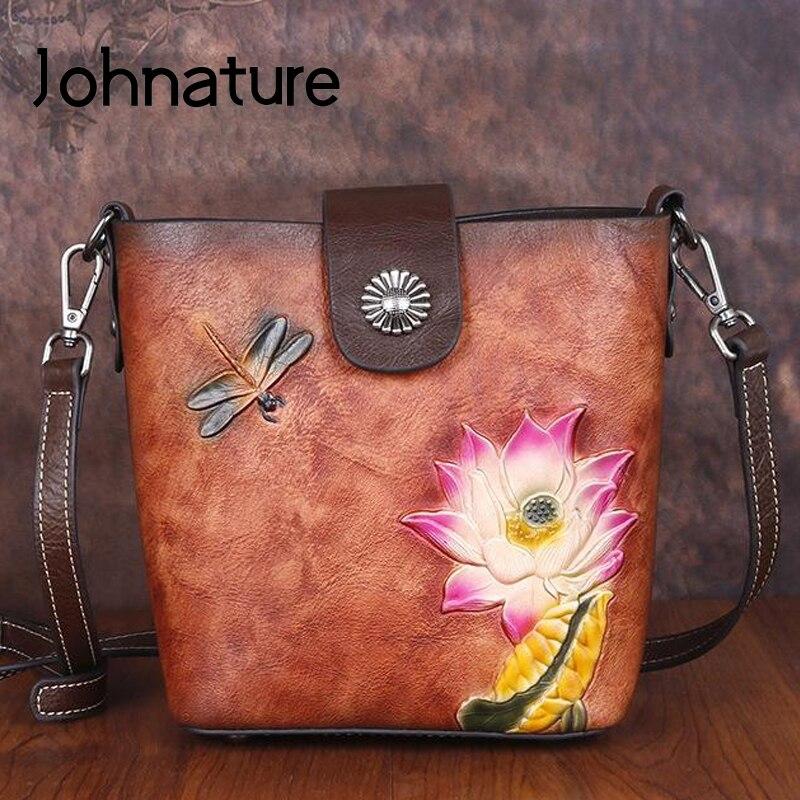 Johnature Женская сумка из коровьей кожи в стиле ретро, ​​маленькие сумки-ведра с тиснением ручной работы, сумки на плечо и через плечо