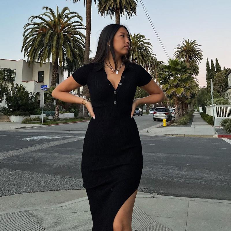 Summer New Style Solid Colors Leisure Versatile Sports Dress Polo Collar Contrast Color Slim Long Dress