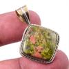 Natural Unakite Gemstone 925 Solid Sterling Silver Two Tone Pendant 1.25" T1u85