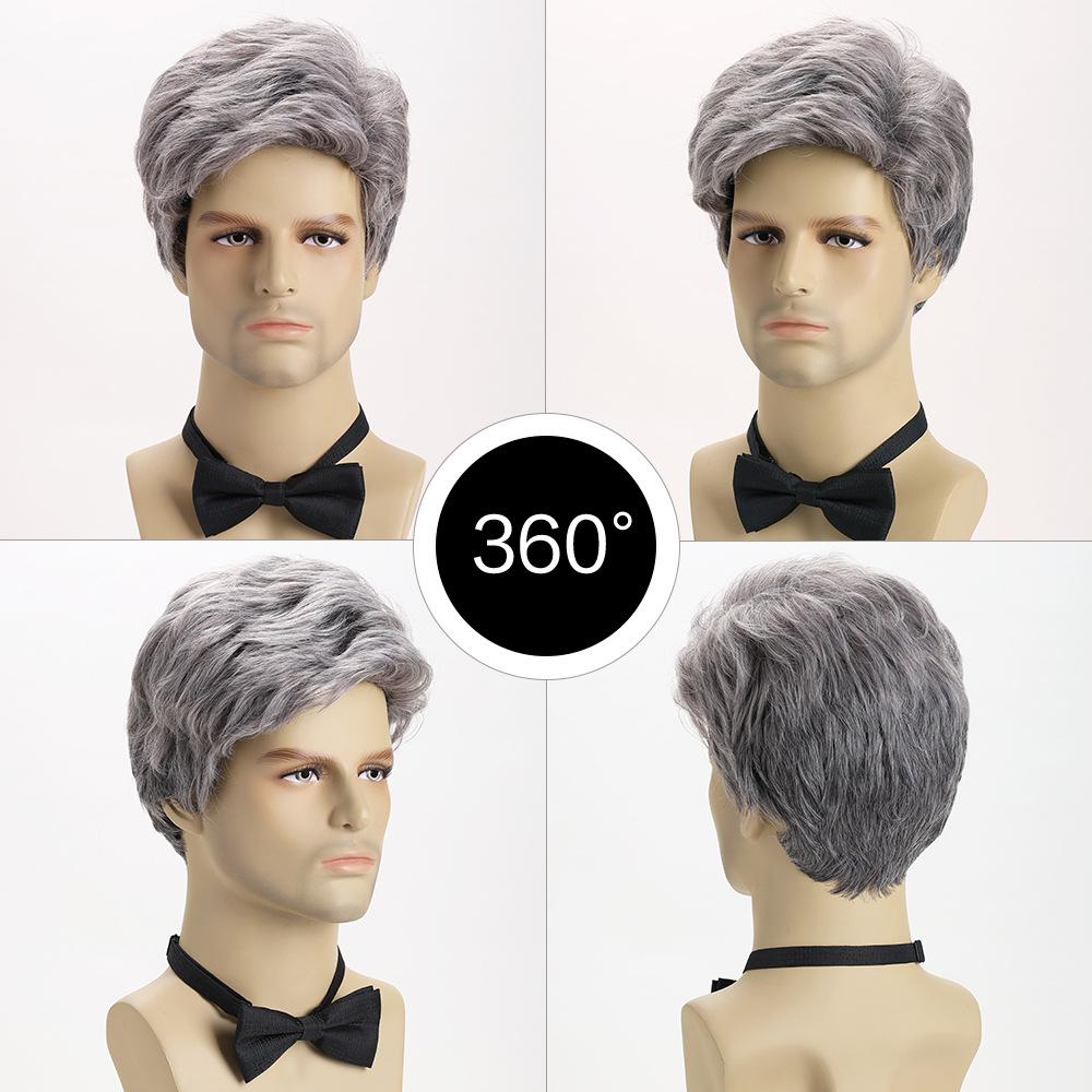 European and American Men's Fashion Daily Use Natural Looking Side Part Synthetic Fiber Silver Gray Short Curly Wig