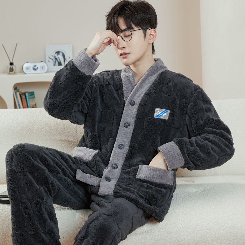 Комплект из 2 предметов осенне-зимняя фланелевая мужская пижама теплые длинные рукава длинные брюки плюс утолщенная домашняя одежда из бархата