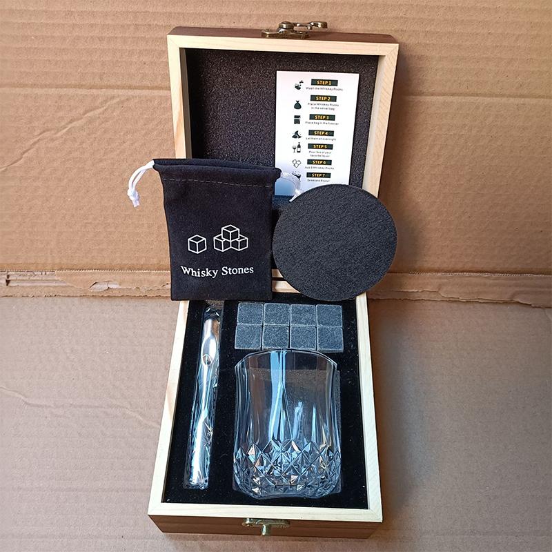 Whiskey Stones And Whiskey Glass Gift Set, 8 Natural Whisky Stones 1 Crystal Whisky Glasses In Exquisite Wooden Box