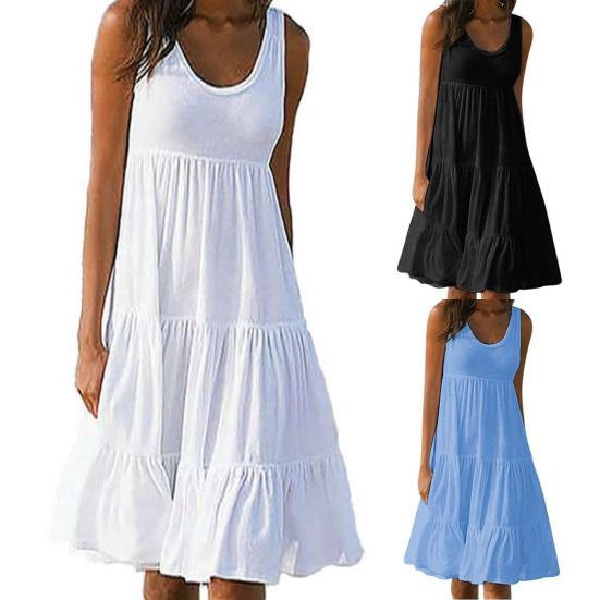 Женское платье без рукавов однотонное тонкое сшивка большой подол круглый вырез миди платье уличная одежда